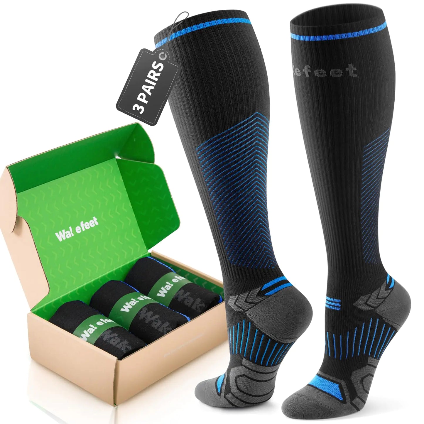 Wakefeet Compression Socks for Men&Women 3 Pairs 20-30mmHg Knee High Socks Compression Stockings Graduated Compression for Sports Running Fitness and Hiking Support