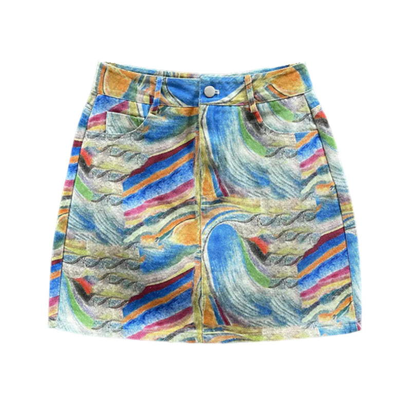 Women's High Waist A-line Printed Denim Skirt