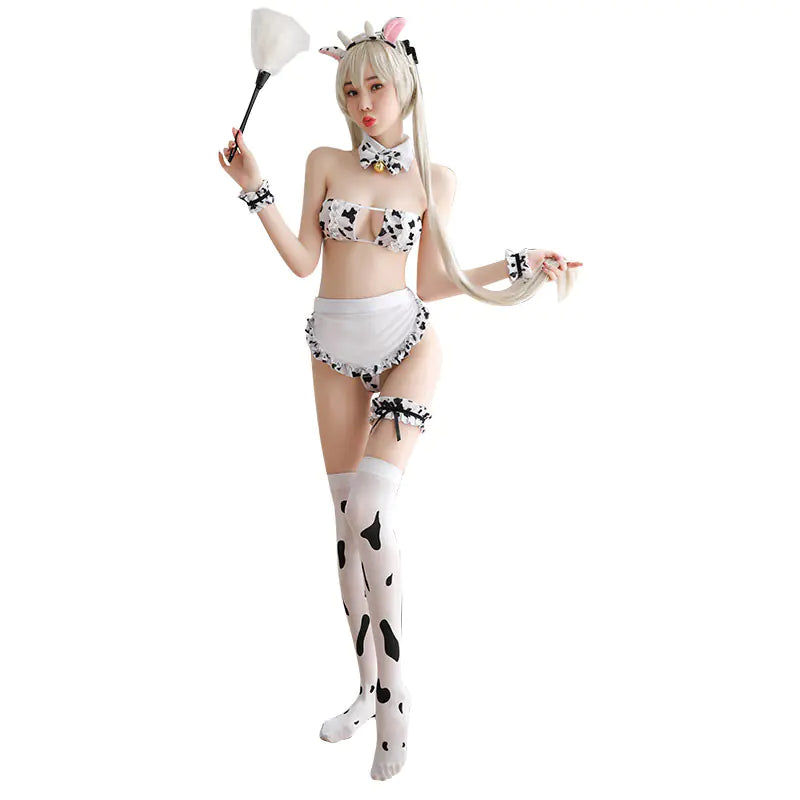 Cute Cow Print Maid Outfit with Lingerie Set for Women