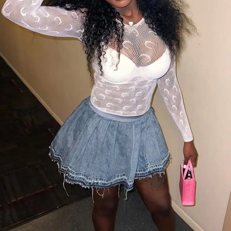 Casual High Waist Pleated Denim Skirt for Women