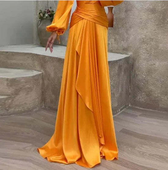 Fitted Waist Pleated Long Sleeve Slimming Dress