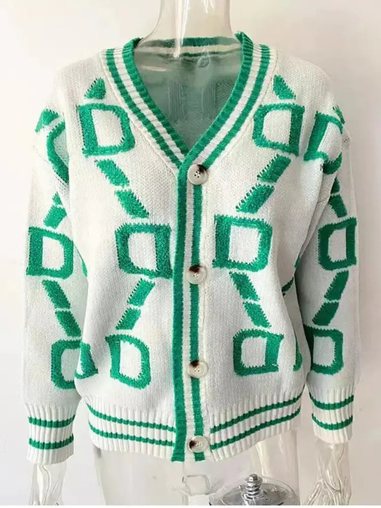 Women's Letter Printed V-Neck Cardigan Sweater