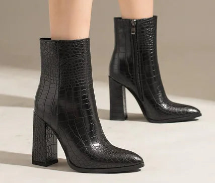 Crocodile Pattern Chunky Heeled Ankle Boots for Women