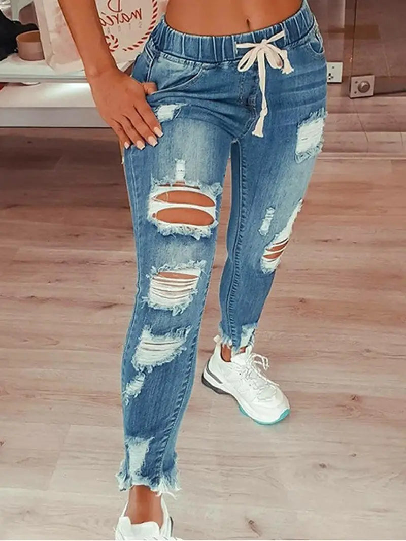 Women's Distressed Slim Fit Denim Jeans with Rips