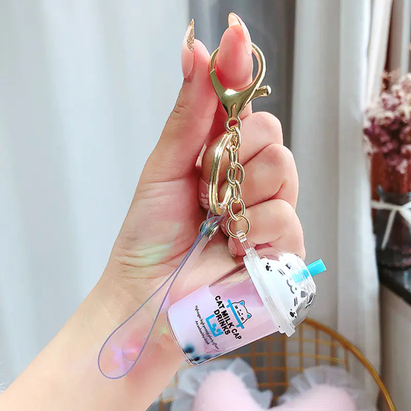 Cute Cartoon Cat Keychain with Liquid Quicksand Charm