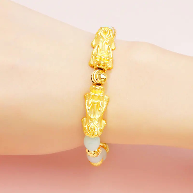 Natural Jade Bead Bracelet with Gold Pixiu for Couples