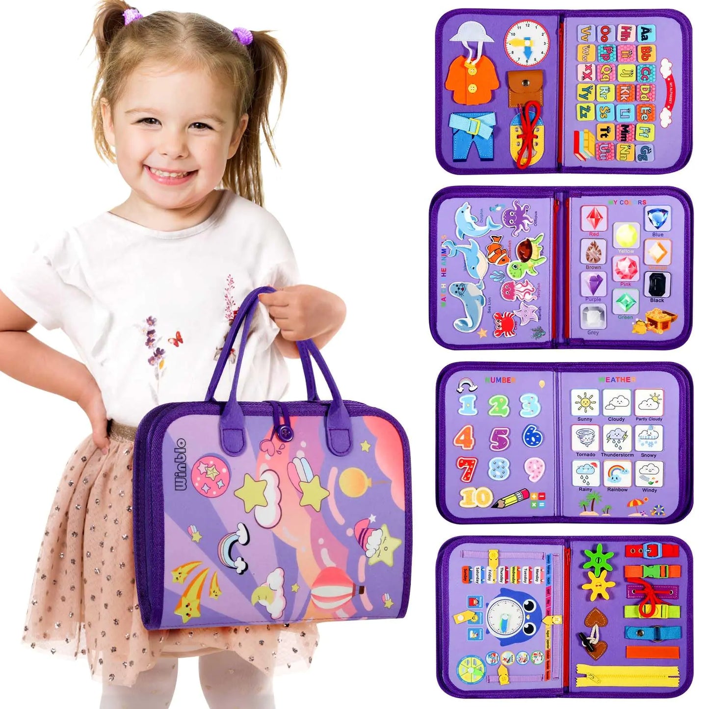 Winblo Montessori Toys for 1 2 3 4 Year Old Girl Birthday Gift Educational Learning Sensory Busy Book for Kids Ages 1-3 2-4 Toddler Busy Board for Airplane Car Travel Activities