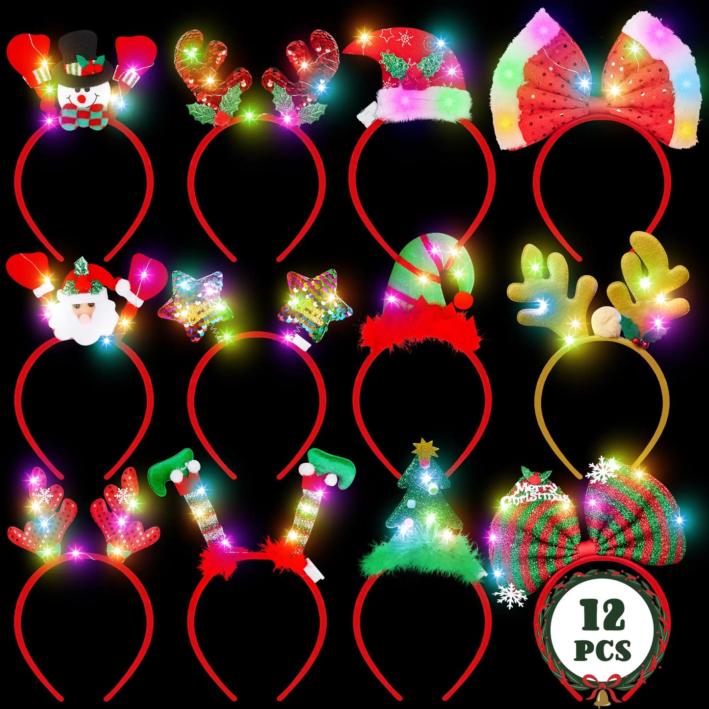 HOVACY 12 Pcs Light Up Christmas Headbands Christmas Head Toppers with LED Snowman Santa Elf Bow Tree Star Reindeer Antlers in 12 Styles Christmas Headwear for Christmas Party Supplies Accessory