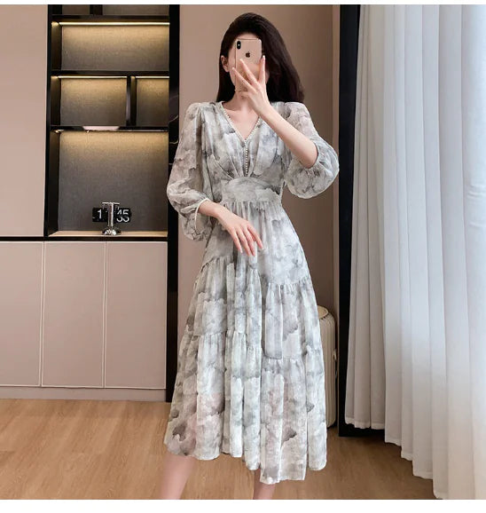 Floral V-neck Slimming Waist Chiffon Short-sleeve Dress
