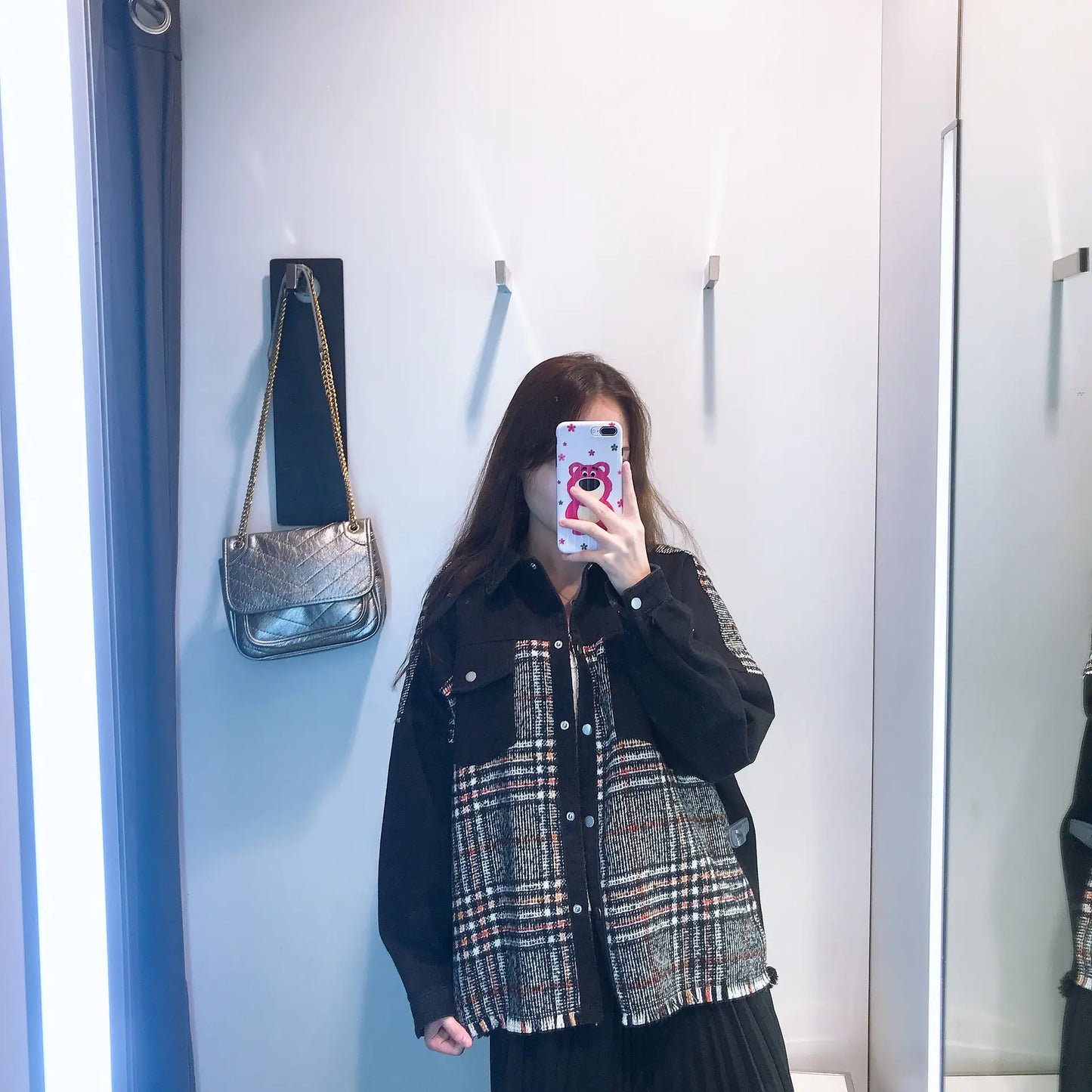 Women's Slim Fit Frayed Denim Plaid Jacket