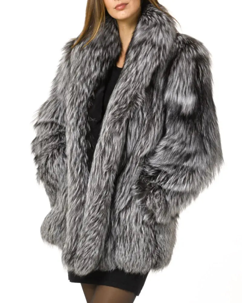 Winter Faux Fur Coat with Fox Fur Collar for Women