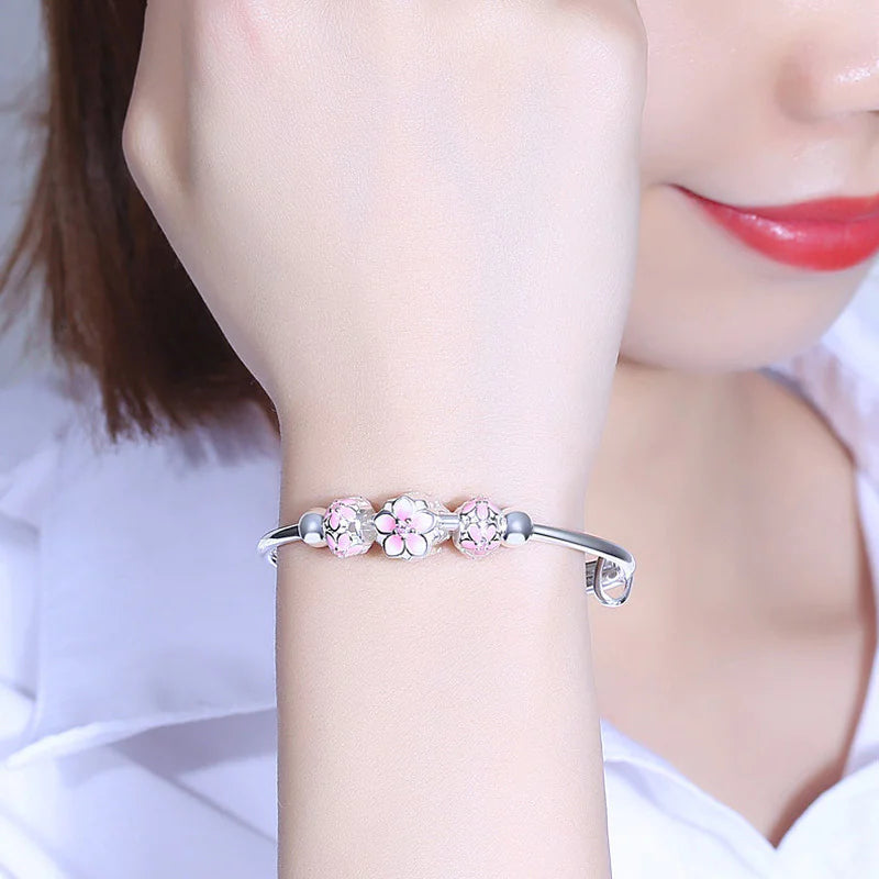 Silver Round Lucky Bead Sakura Dreamcatcher Bracelet