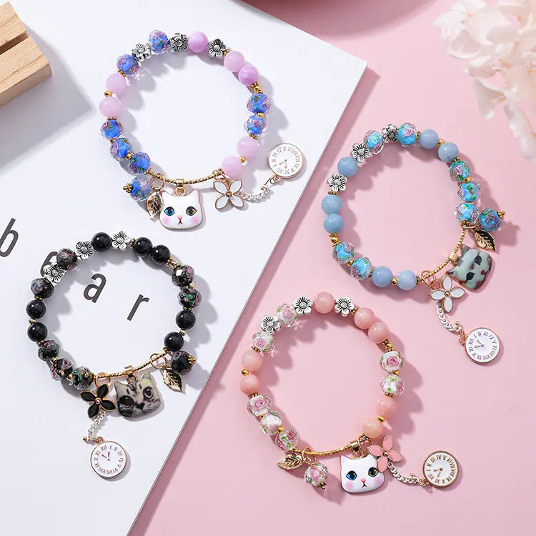 Glass Bead Bracelet with Cat Design