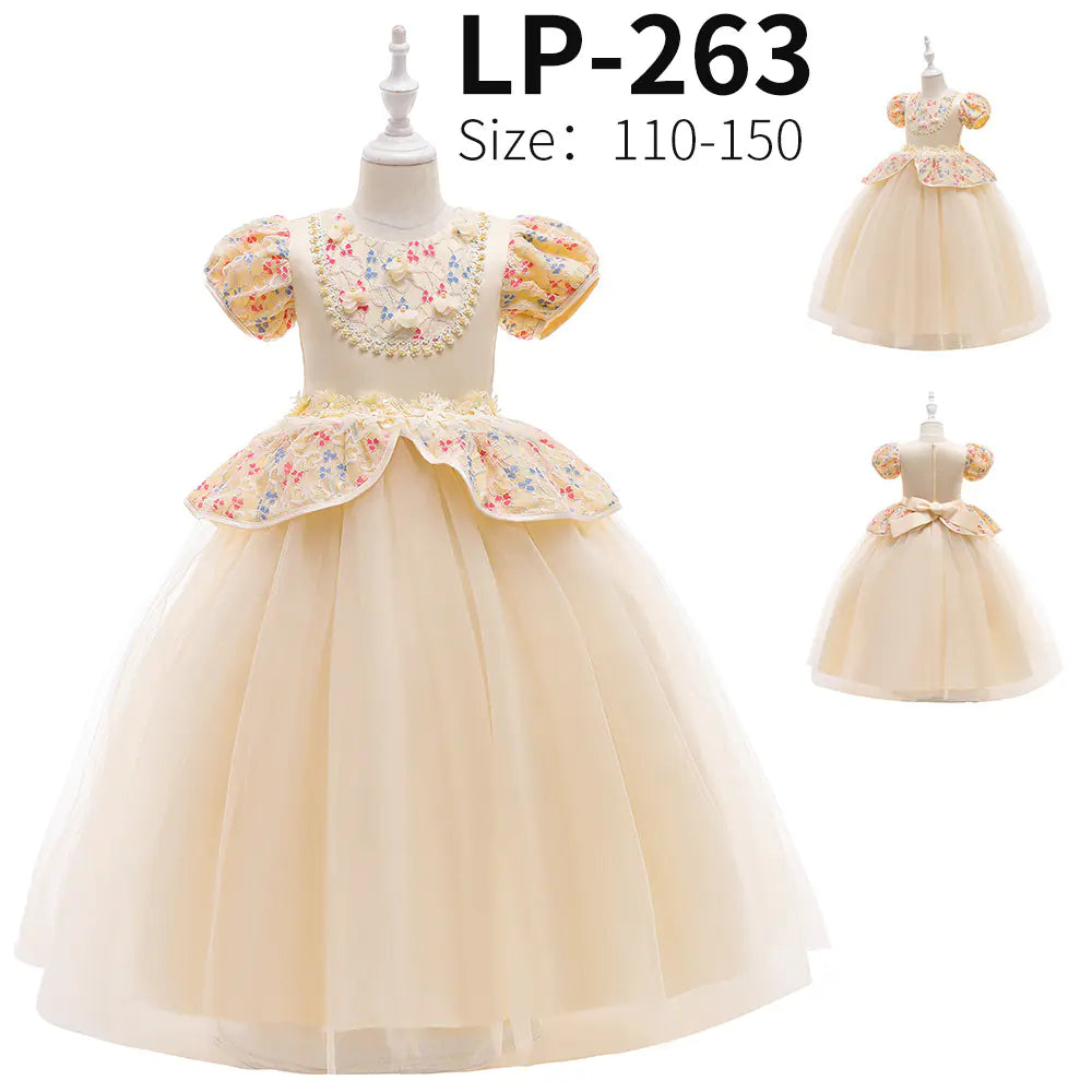 New Frozen Princess Dress with Embroidery and Puff Sleeves