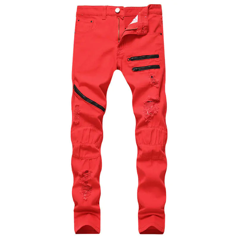 Men's Zippered Casual Jeans with Distressed Detail