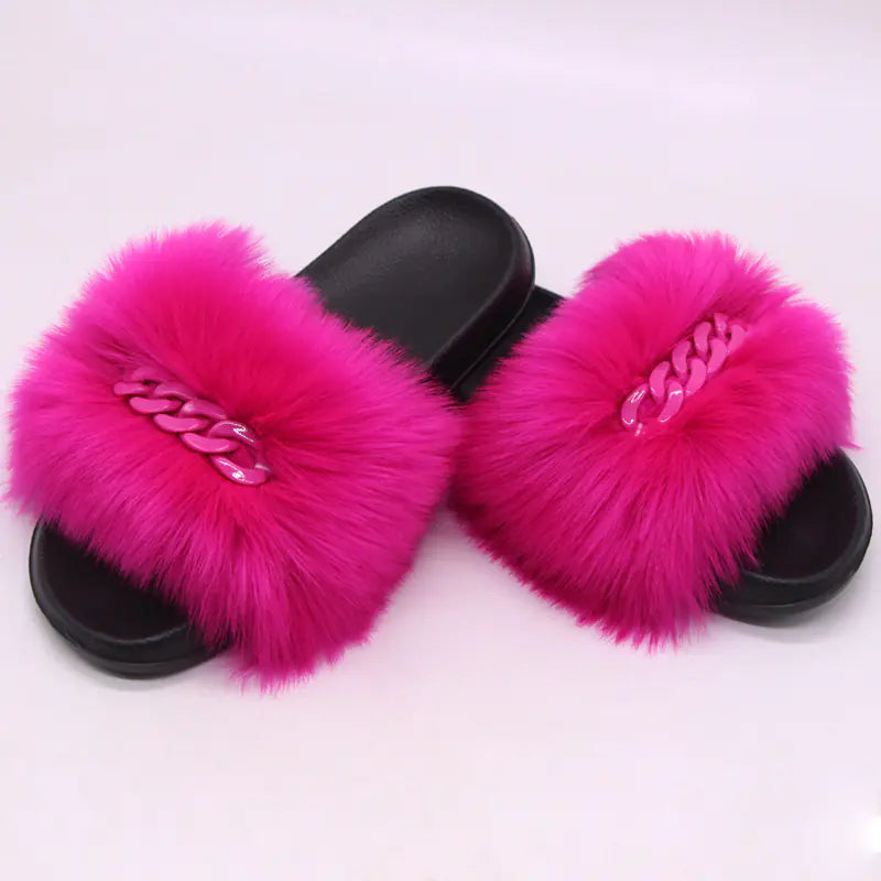 Faux Fox Fur Plush Flip-Flop Sandals for Women