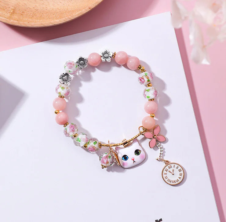 Glass Bead Bracelet with Cat Design