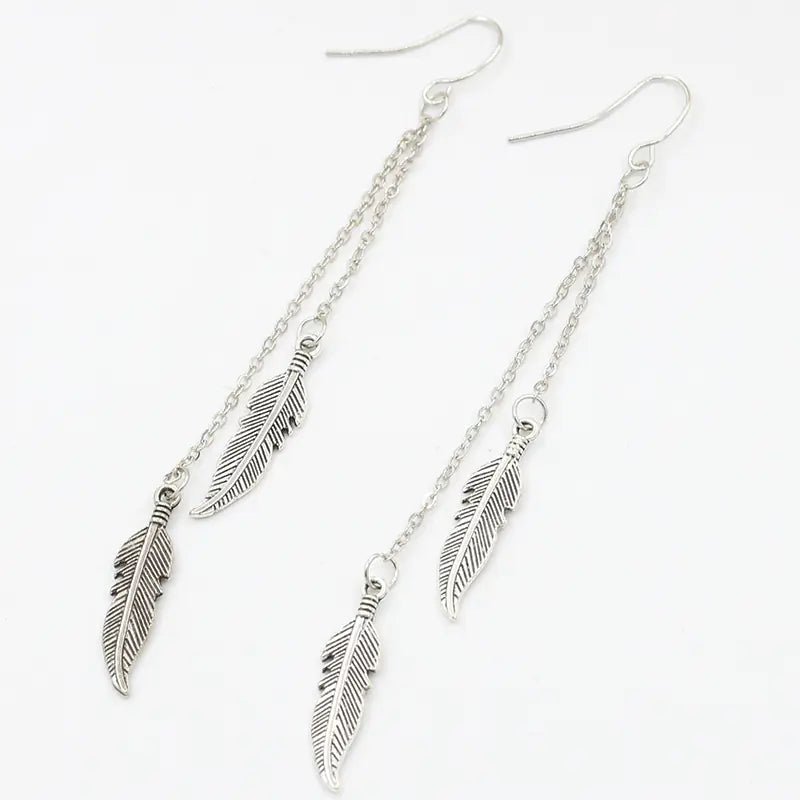 Trendy Leaf Earrings with Tassel Chain and Feathers