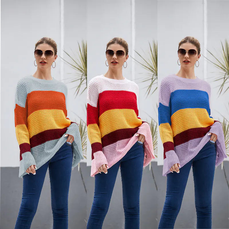 Plus Size Loose Knit Striped Rainbow Sweater