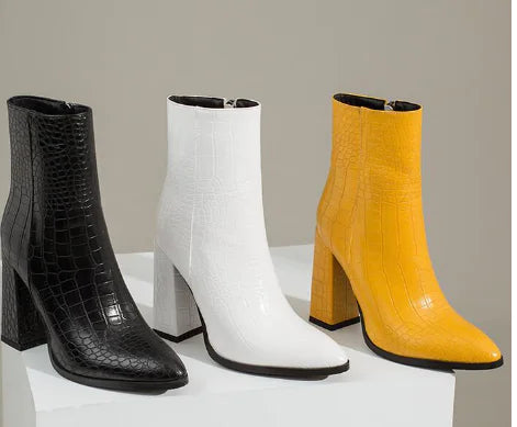 Crocodile Pattern Chunky Heeled Ankle Boots for Women