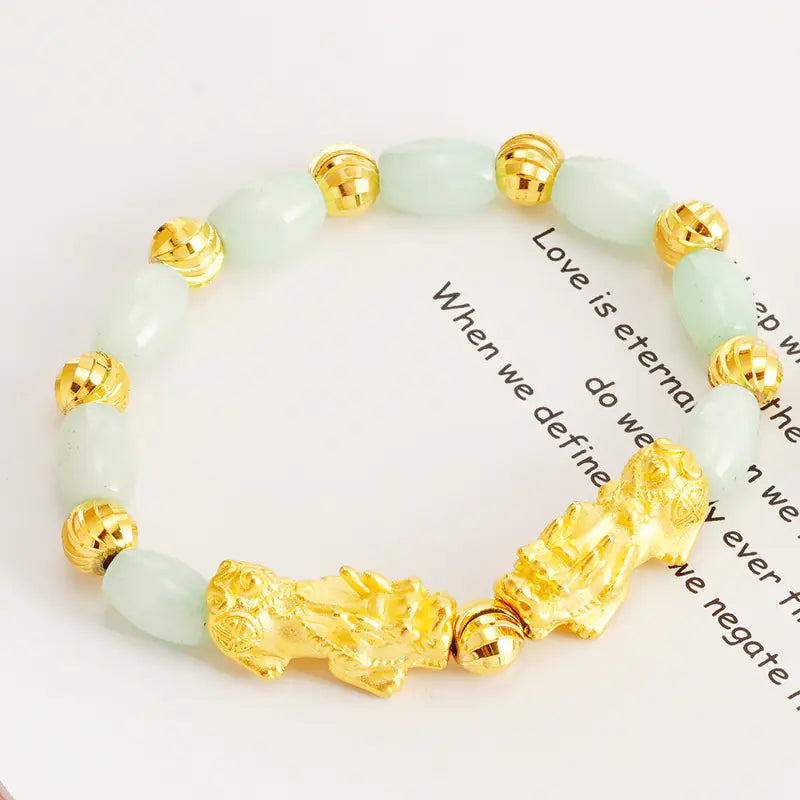 Natural Jade Bead Bracelet with Gold Pixiu for Couples