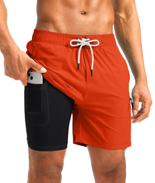 G Gradual Mens Swim Trunks with Compression Liner 5 inch Inseam Quick Dry Bathing Suits with Zipper Pocket-No Thigh Chafing(OrangeL)