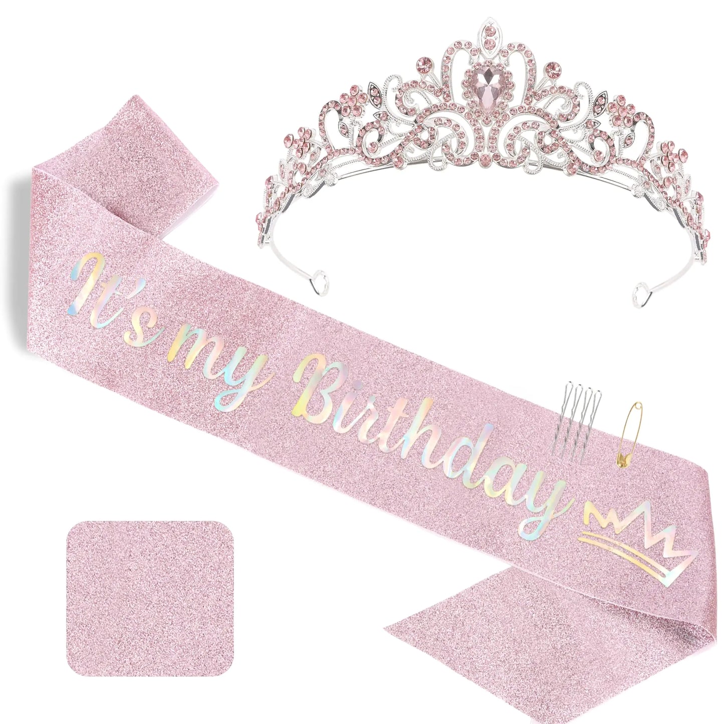 Exacoo Happy Birthday Decorations for Women Crown and Birthday Sash for Women Dazzling Tiaras for Women Pink Party Decorations Princess Birthday Crown Tiara Headband Women Accessories
