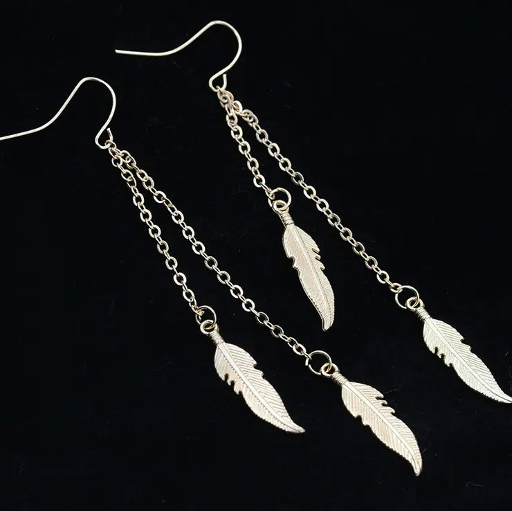 Trendy Leaf Earrings with Tassel Chain and Feathers