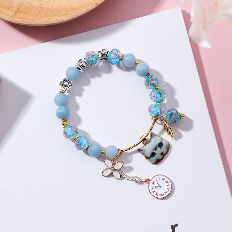 Glass Bead Bracelet with Cat Design