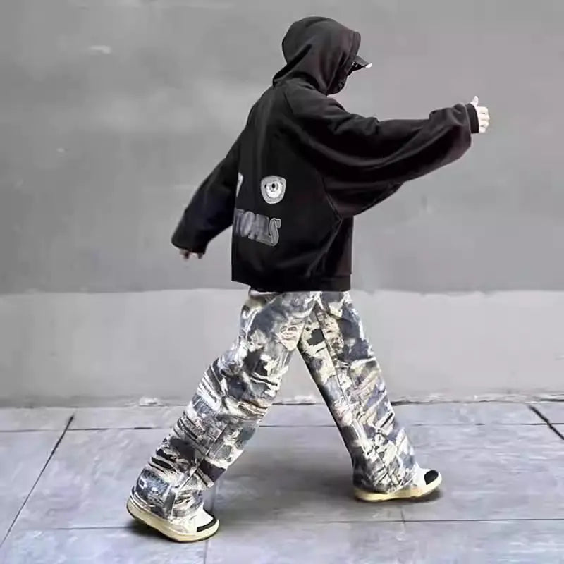 Men's Casual Digital Print Distressed Jeans