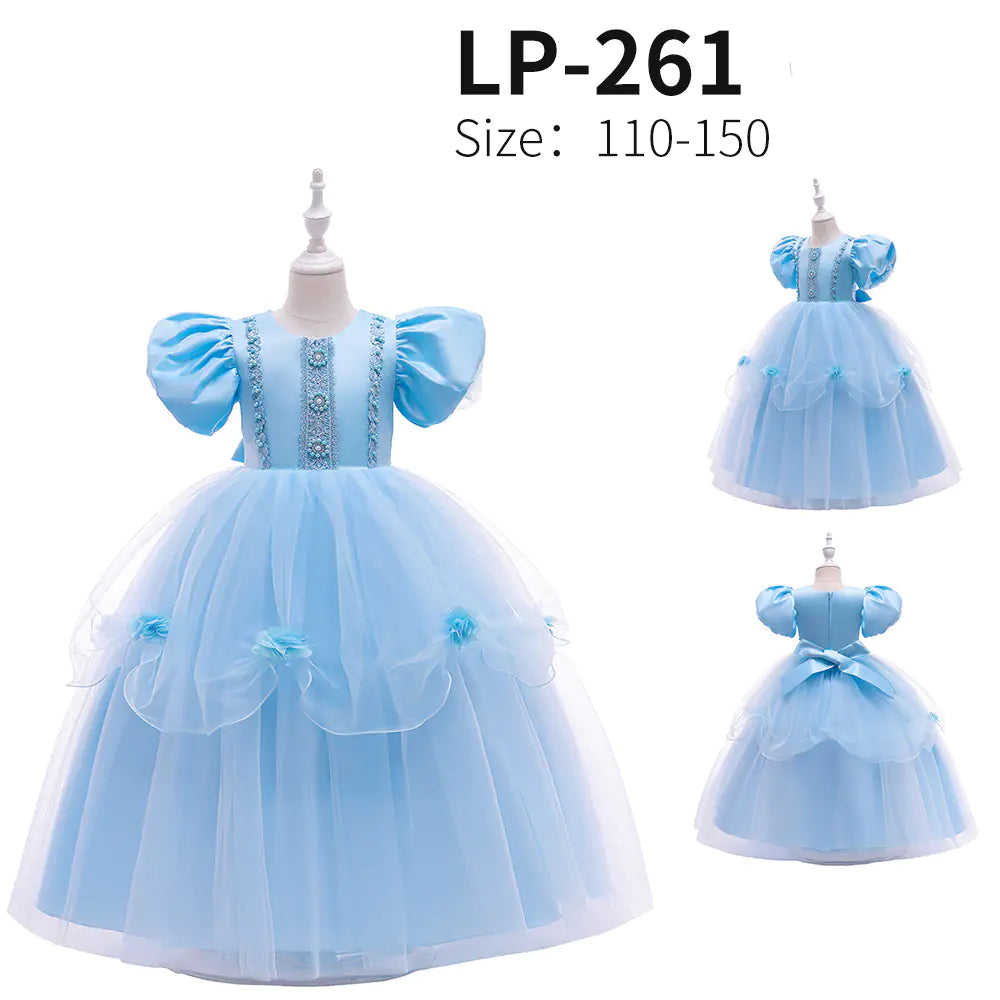 New Frozen Princess Dress with Embroidery and Puff Sleeves