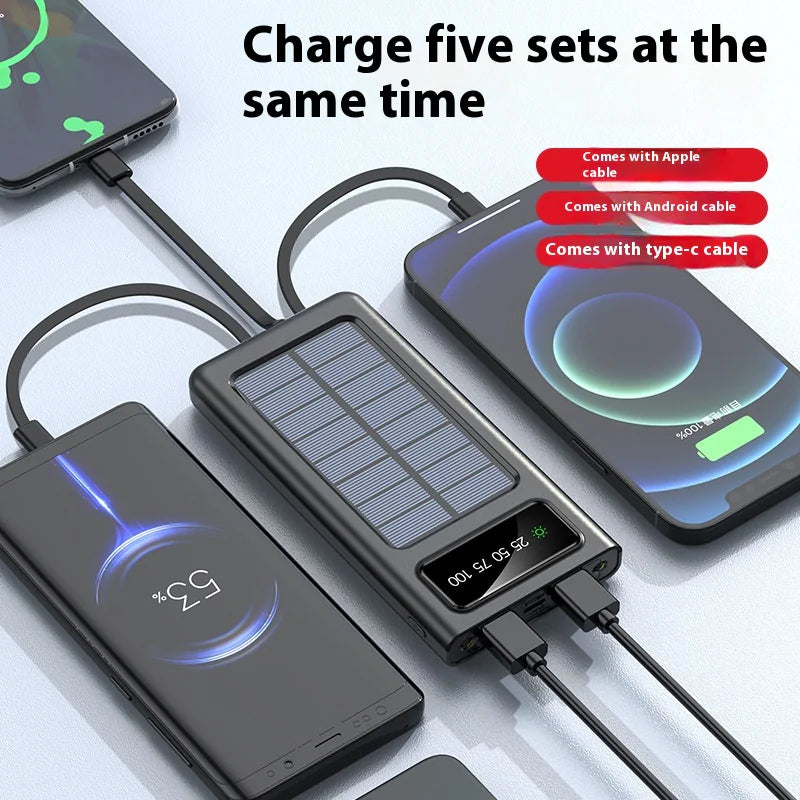 Solar Power Bank with Built-in Four Cables, 20000mAh Portable Charger for Mobile Phones