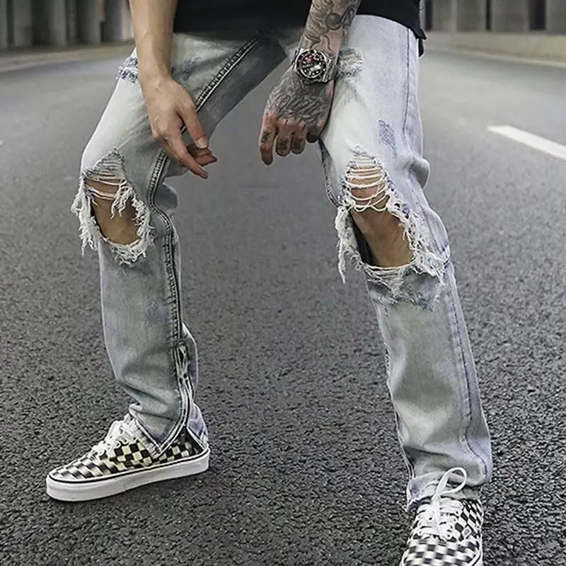 Light Wash Distressed Denim Jeans with Rips