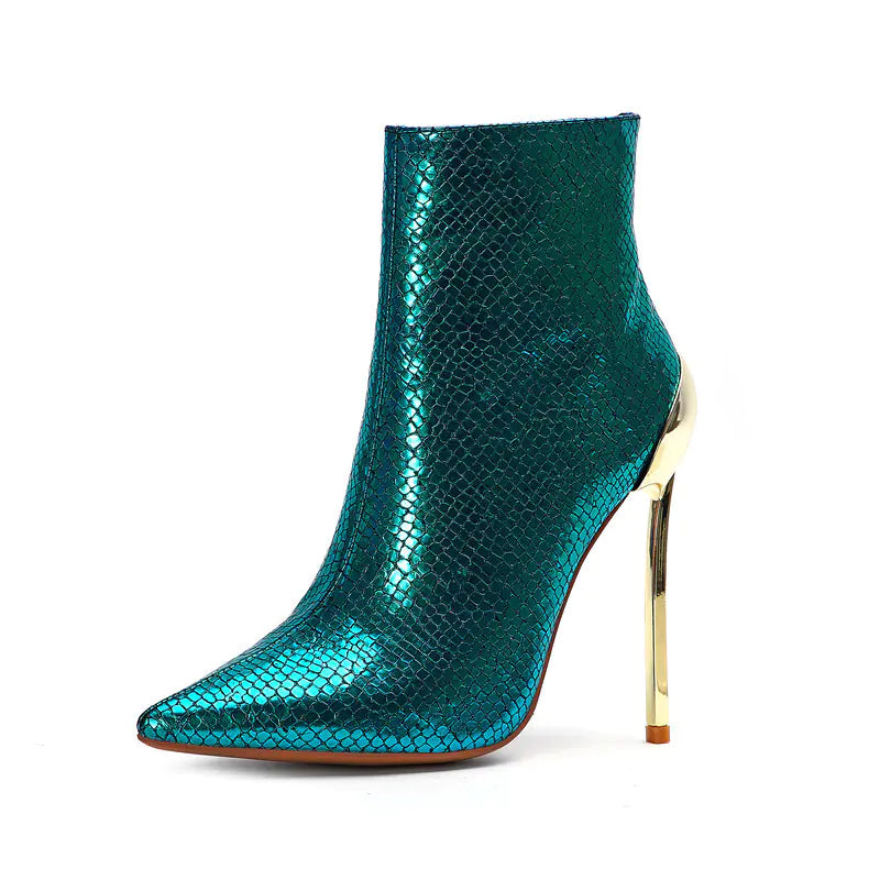 Snake Print High Heeled Ankle Boots with Pointed Toe