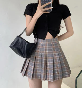 High Waist Tie Plaid Pleated Skirt