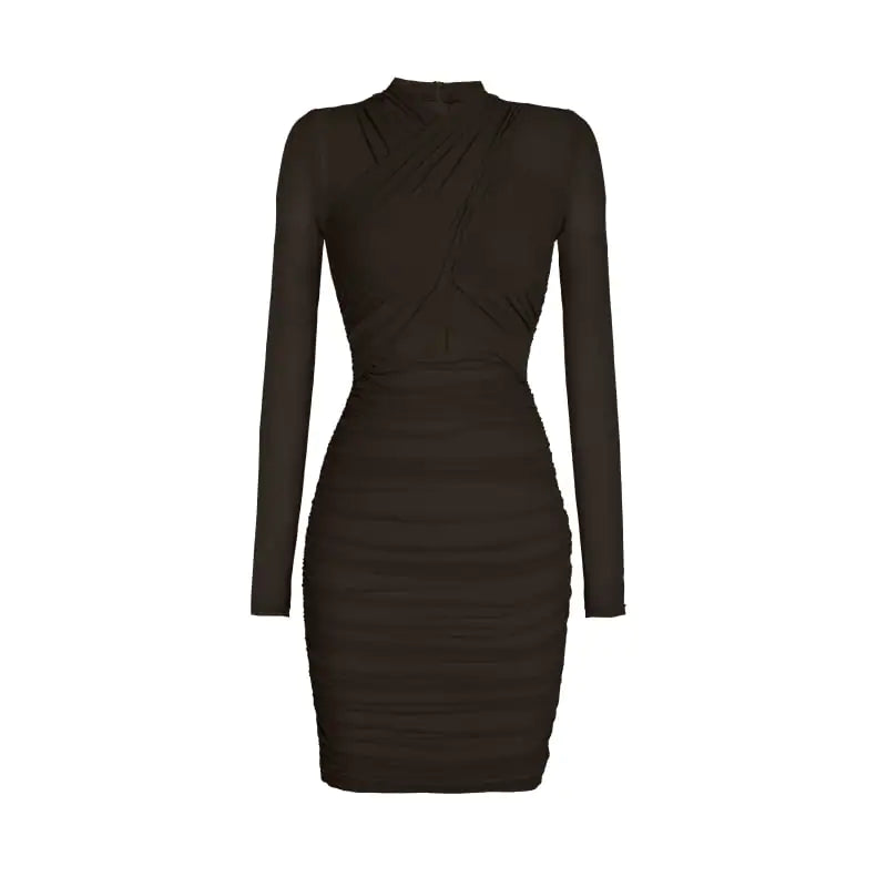 High Waist Pleated Long Sleeve Wrapped Dress