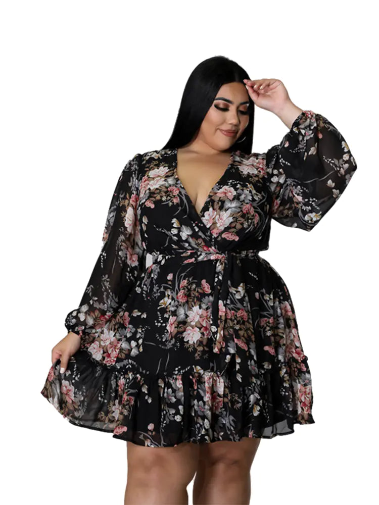 Plus Size Floral Chiffon Dress with V-Neck for Women