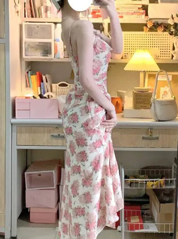 Floral Chiffon Dress for Women - Short Sleeve V-Neck