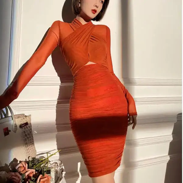 High Waist Pleated Long Sleeve Wrapped Dress