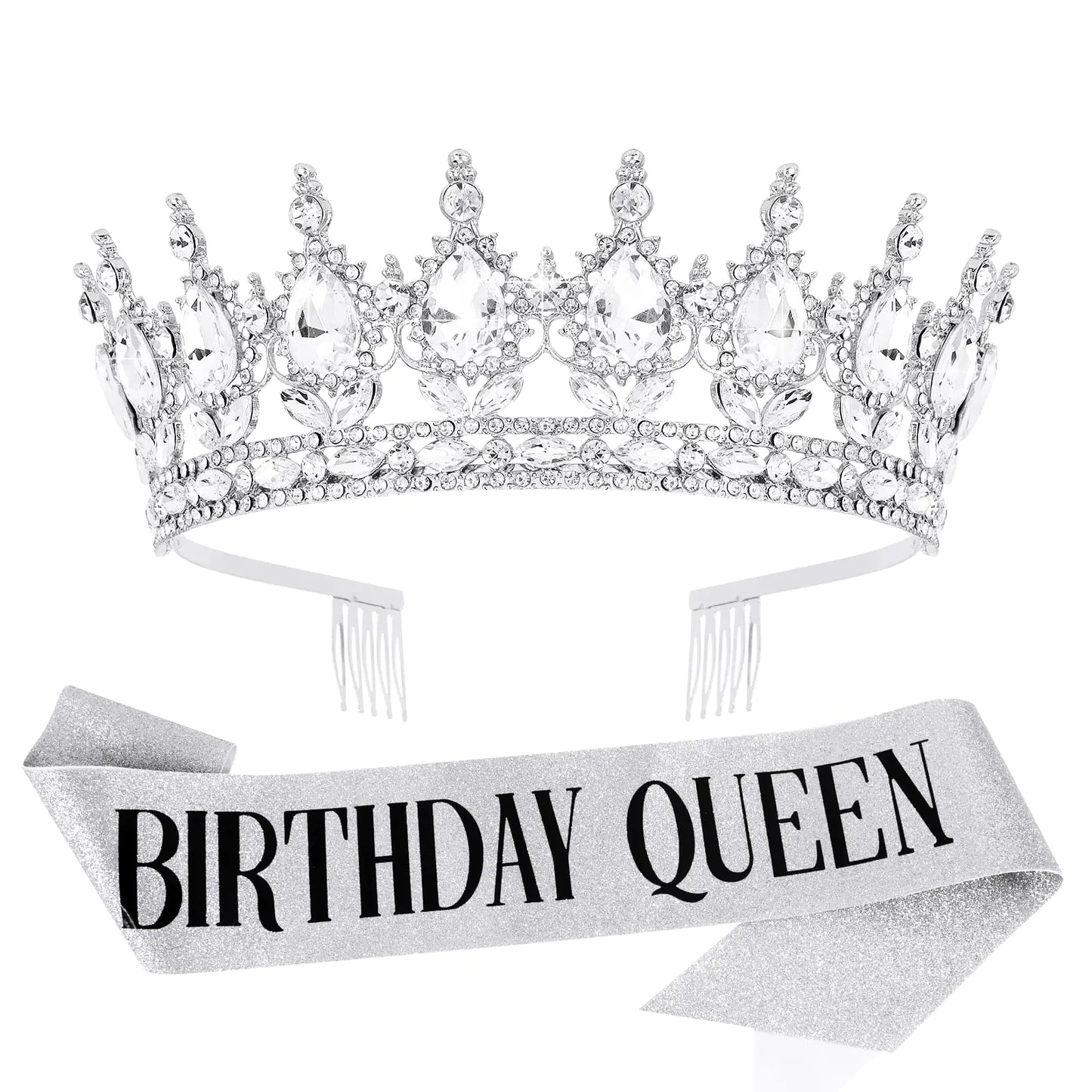 Vovii Birthday Crown & Sash Set for Women Sliver Rhinestone Tiara & Birthday Queen Sash for Women Birthday Decorations Happy Birthday Party Decorations for Birthday Crown Adult Woman