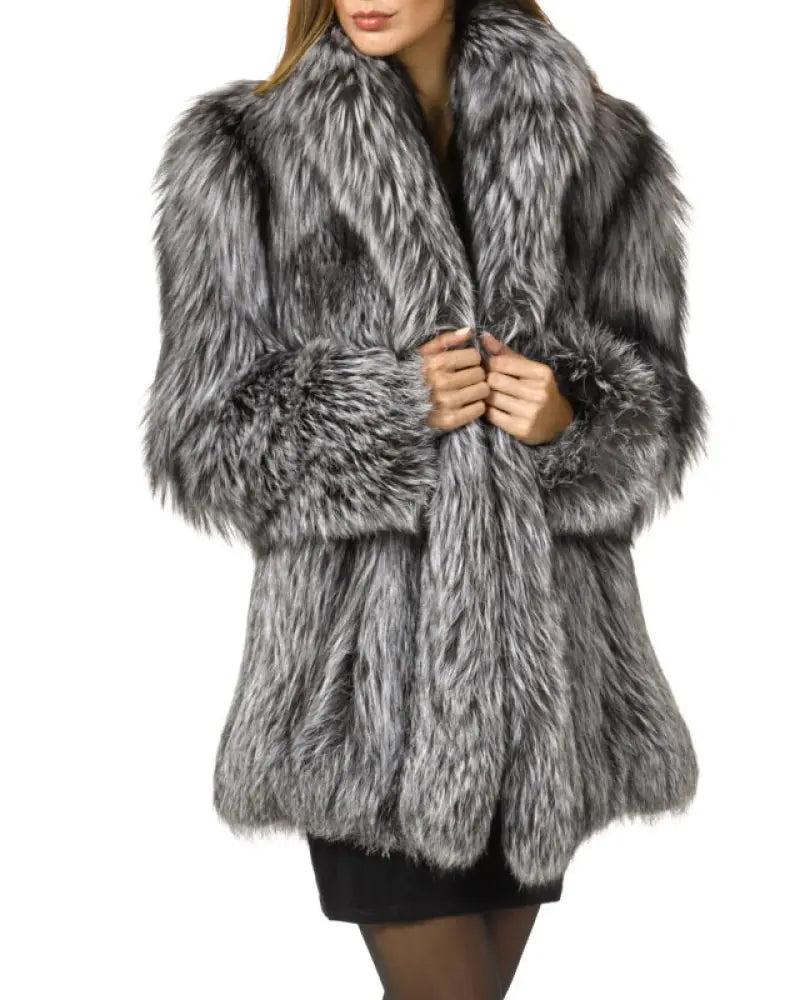 Winter Faux Fur Coat with Fox Fur Collar for Women