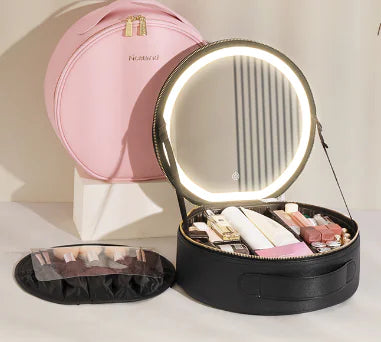 Round Makeup Bag with Mirror and LED Light (Large Capacity)