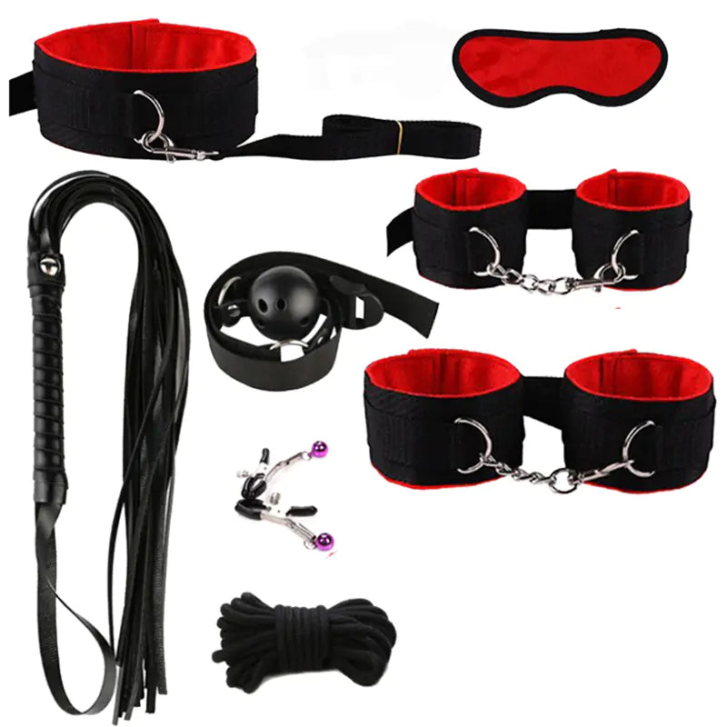Adult BDSM Tool Kit with Cuffs, Whip, and Accessories