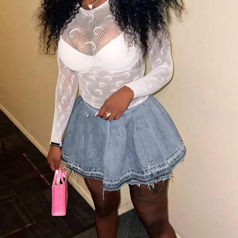 Casual High Waist Pleated Denim Skirt for Women