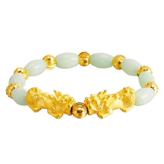 Natural Jade Bead Bracelet with Gold Pixiu for Couples