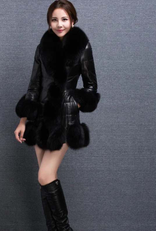 Slim Fit Mid-Length Faux Fur Coat with Fox Fur Collar