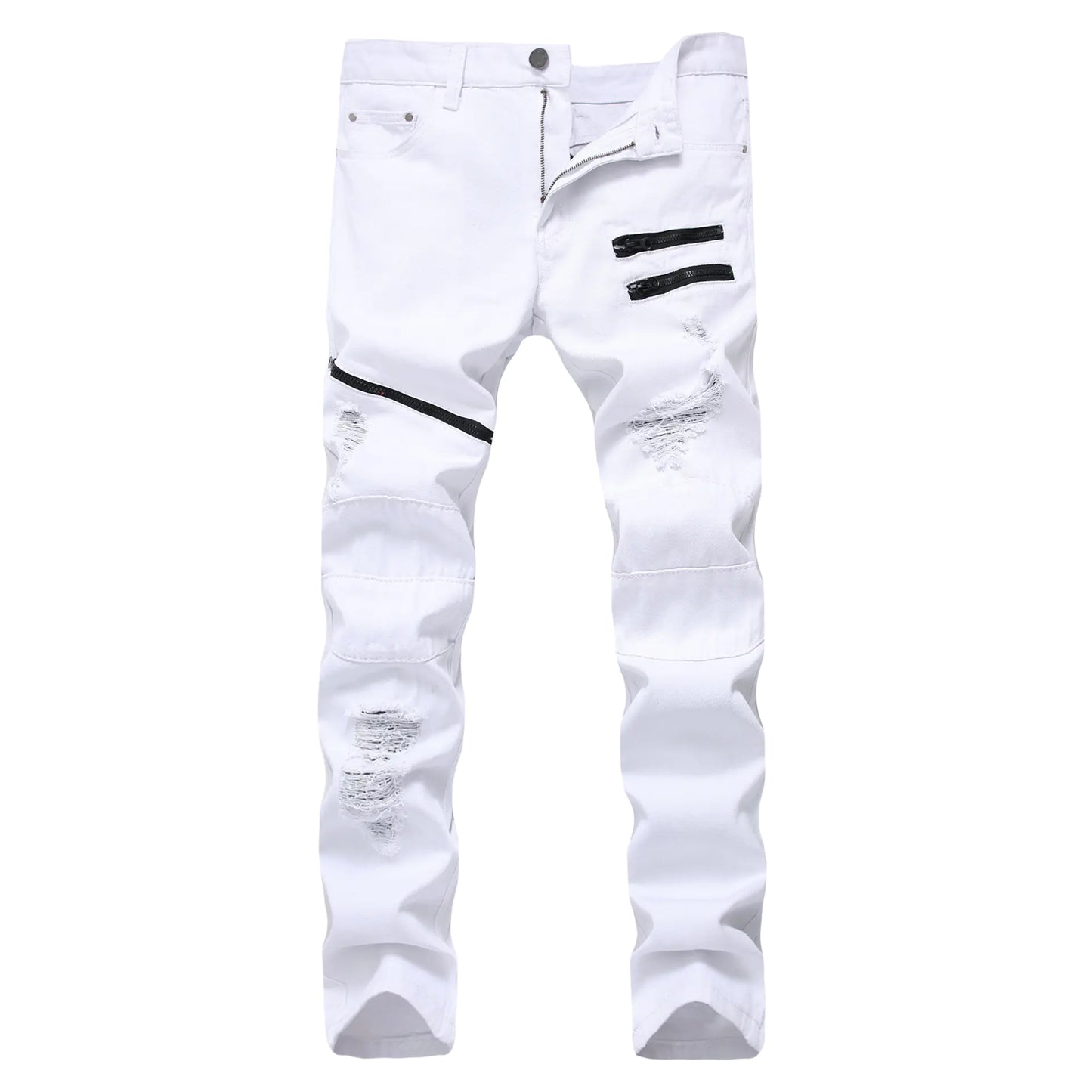 Men's Zippered Casual Jeans with Distressed Detail