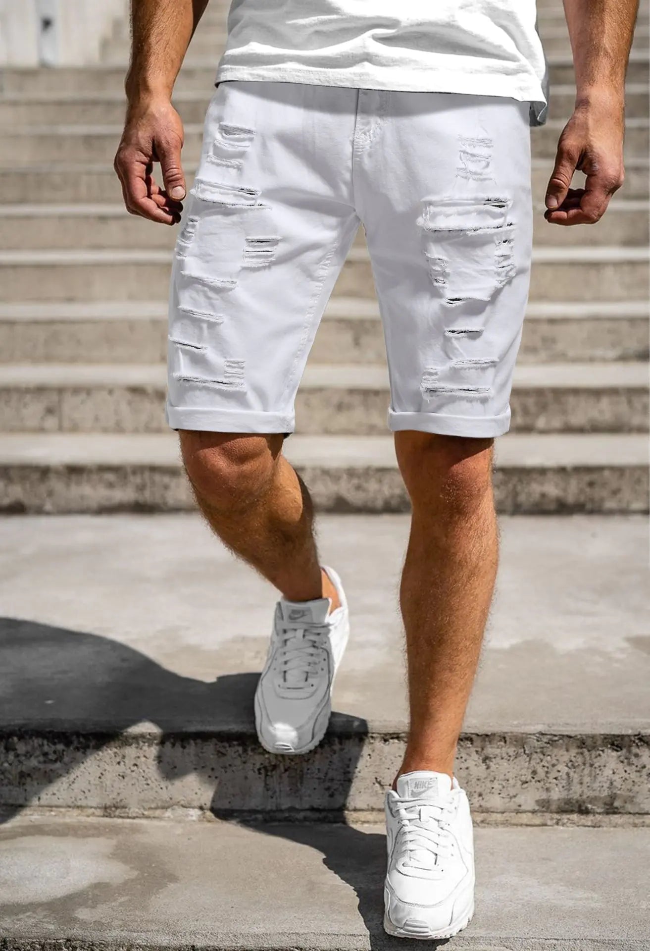 Men's Ripped Denim Shorts - Solid Color Five Pocket Style