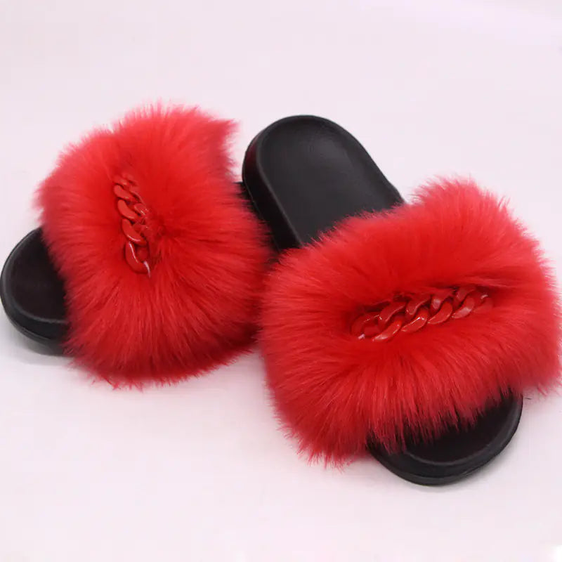 Faux Fox Fur Plush Flip-Flop Sandals for Women