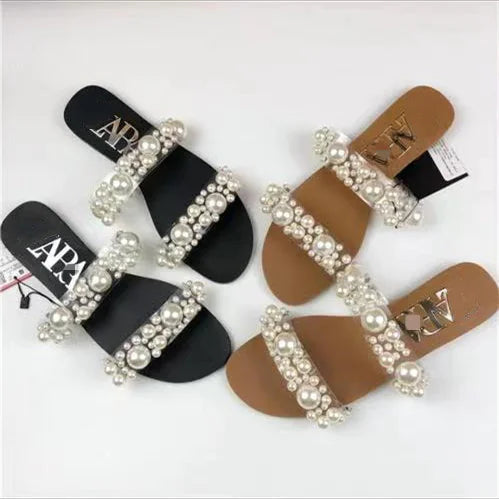 Casual Women's Flat Open-toe Sandals with Pearls